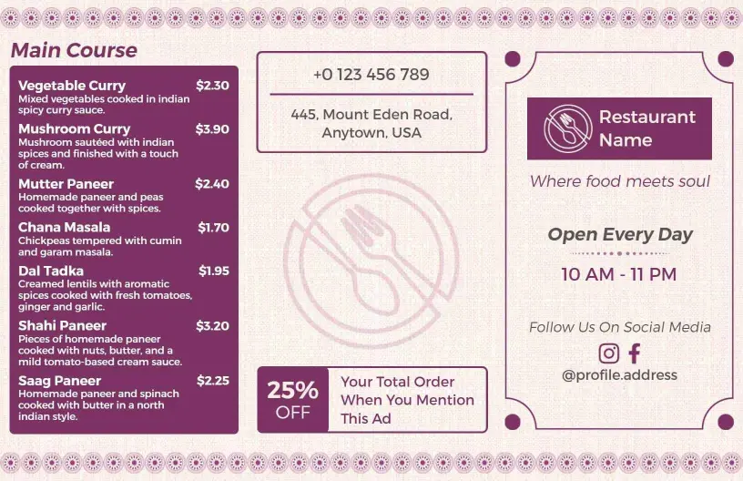 Minimalist Purple-Themed Indian Cuisine Restaurant Menu Template