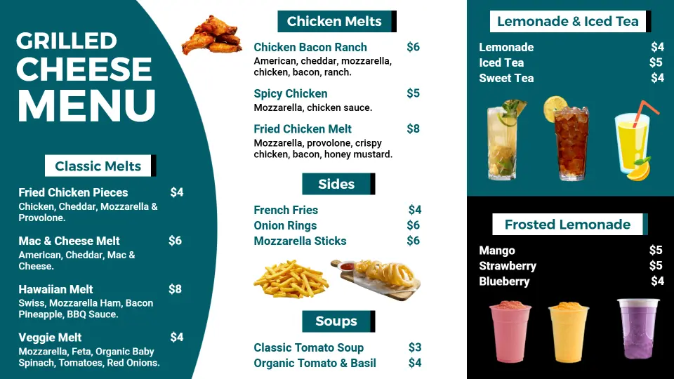 Minimalist Teal and Black Grilled Cheese Sandwich Menu Template