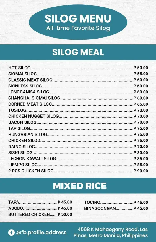 Minimalist Teal Filipino Silog Cuisine Menu Template