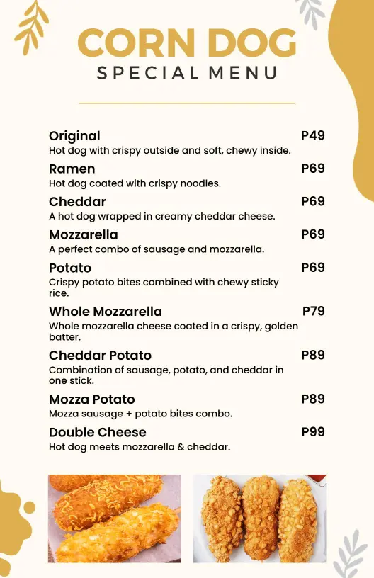 Minimalist White and Gold Corn Dog Special Menu Template
