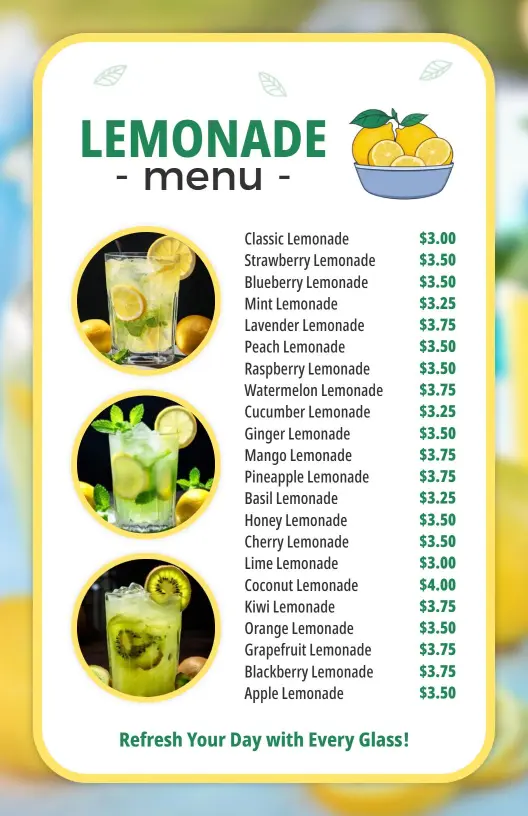 Minimalist Yellow and Green Lemonade Drink Menu Template