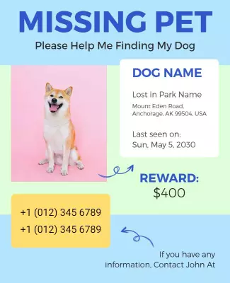 Bright Blue Missing Pet Dog Announcement Flyer Template