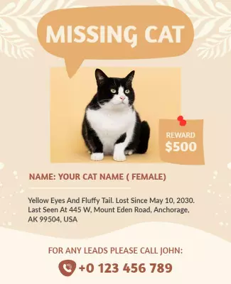 Soft Cream Missing Cat Alert with Reward Flyer Template