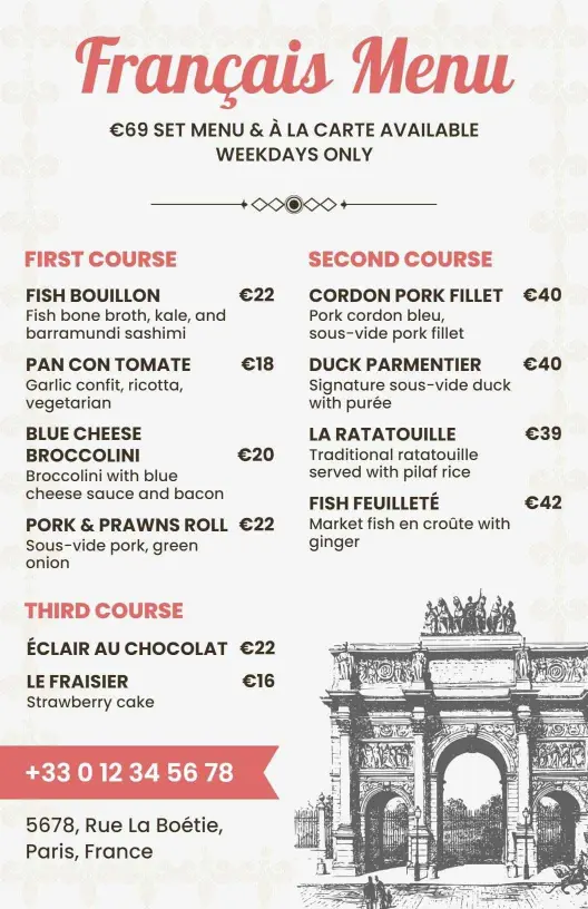 Modèle De Menu De Cuisine Française Style Esquisse Élégant