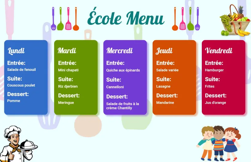 Modèle De Menu Hebdomadaire De L'école Lumineux Et Ludique