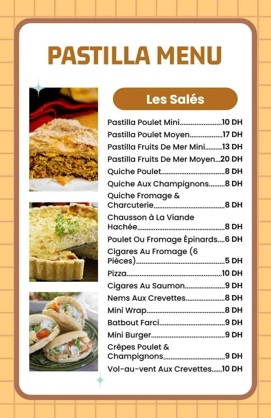 Modèle De Menu Sélection De Pastillas Et Quiches Salées Classiques