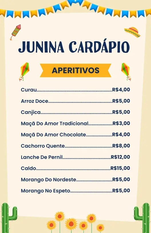 Modelo De Cardápio De Aperitivos Inspirado Em Festas Juninas