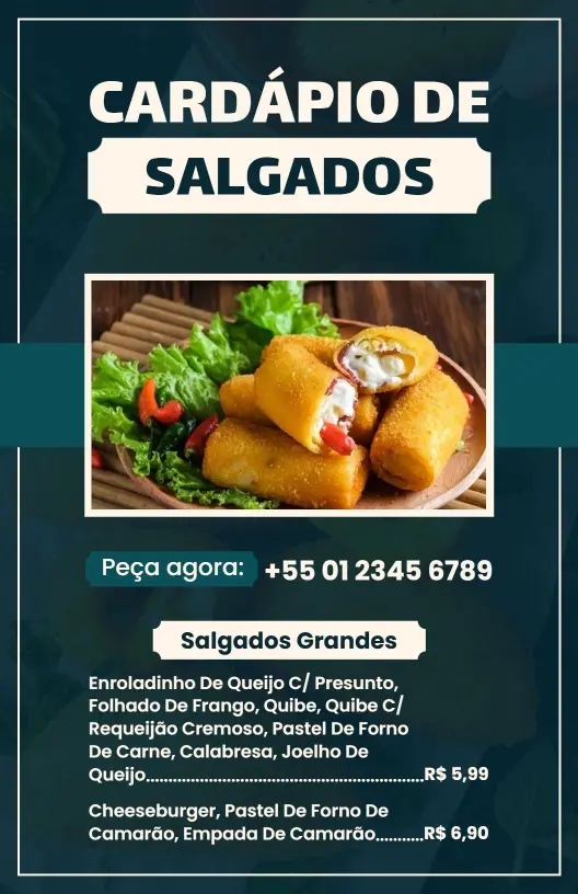 Modelo De Cardápio De Clássicos E Deliciosos Salgadinhos Brasileiros