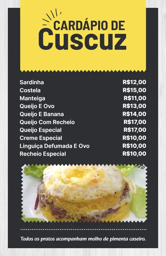 Modelo De Cardápio De Cuscuz Brasileiro Tradicional Com Coberturas Salgadas