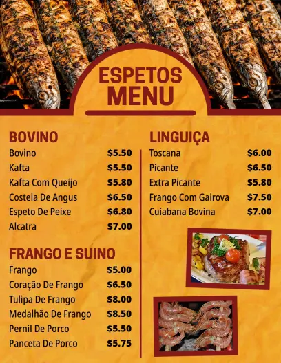 Modelo De Cardápio De Espetos Com Seleção De Carnes Para Churrasco Clássico