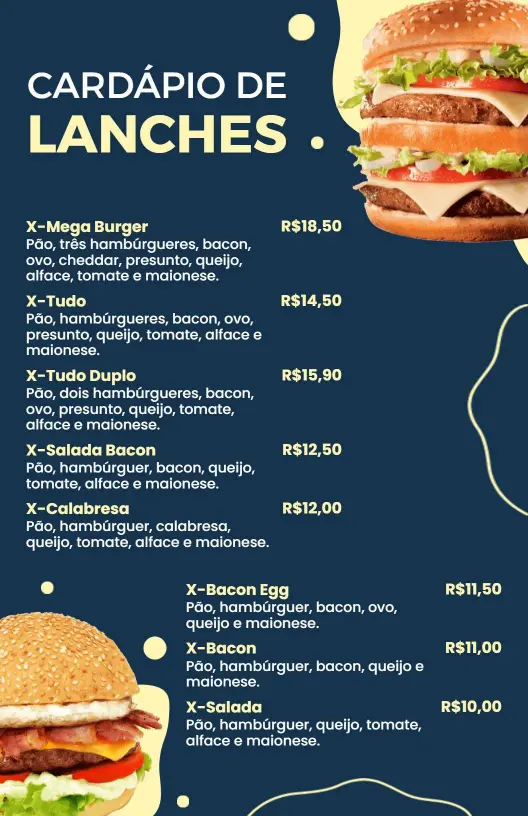 Modelo De Cardápio De Lanches Clássico Em Azul E Amarelo