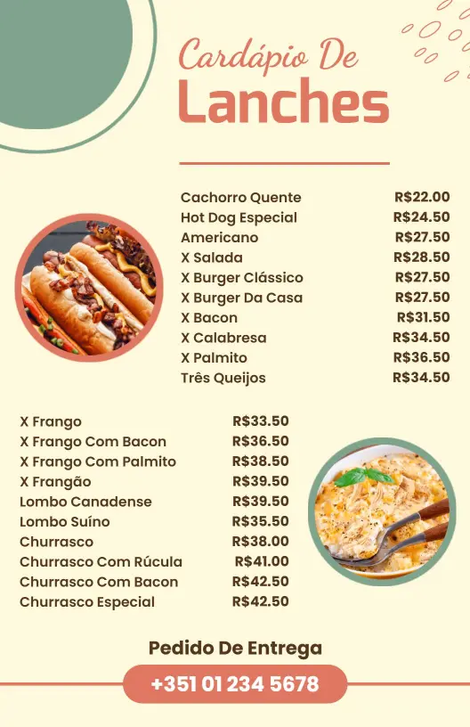 Modelo De Cardápio De Lanches E Sanduíches Clássicos