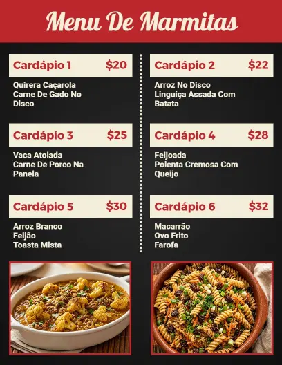 Modelo De Cardápio De Marmita Com Estilo De Culinária Brasileira Tradicional