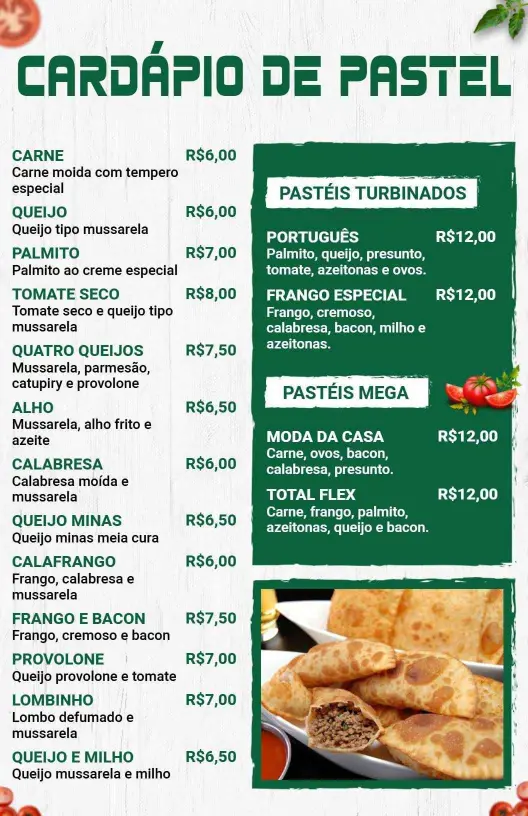 Modelo De Cardápio De Pastéis Com Sabores Clássicos E Criativos Para Aperitivos E Lanches