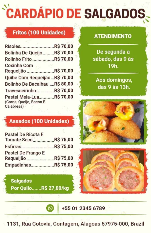 Modelo De Cardápio De Salgadinhos Tradicionais Com Fritos Crocantes