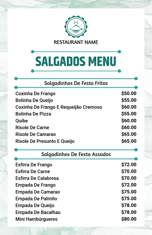 Modelo De Cardápio De Salgados Brasileiros Fritos E Assados