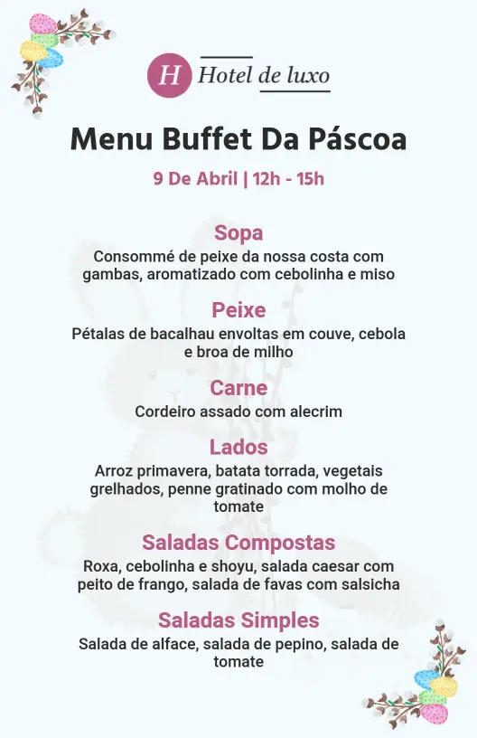 Modelo De Cardápio Elegante E Moderno De Buffet De Páscoa Para Hotel