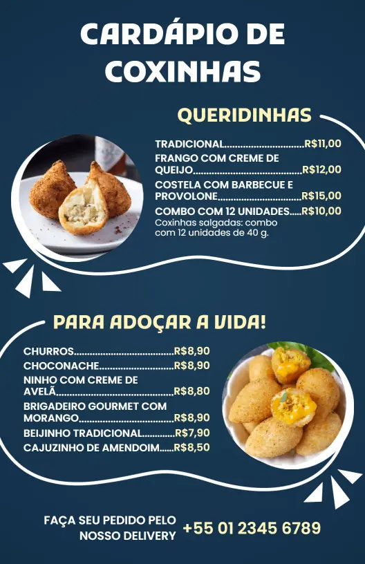 Modelo De Cardápio Elegante Em Azul-Marinho Para Coxinhas E Doces