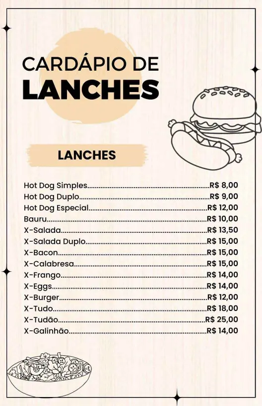 Modelo De Cardápio Moderno E Ilustrado De Lanches Em Tons De Bege