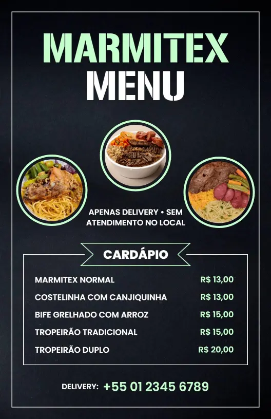 Modelo De Cardápio Preto E Contemporâneo Para Entrega De Refeições Em Caixa