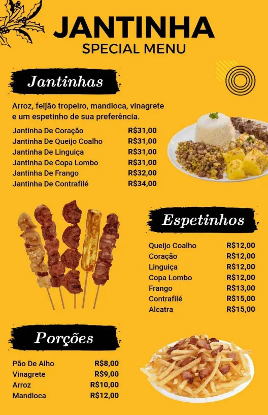 Modelo De Menu Alegre Jantinha E Espetinhos Amarelo