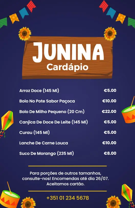 Modelo De Menu De Jantar Do Festival Cultural Junina