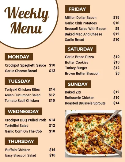 Modern Beige and Brown Theme Weekly Menu Template