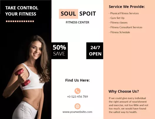 Modern Black and Orange Fitness Center Services Tri Fold Brochure Template