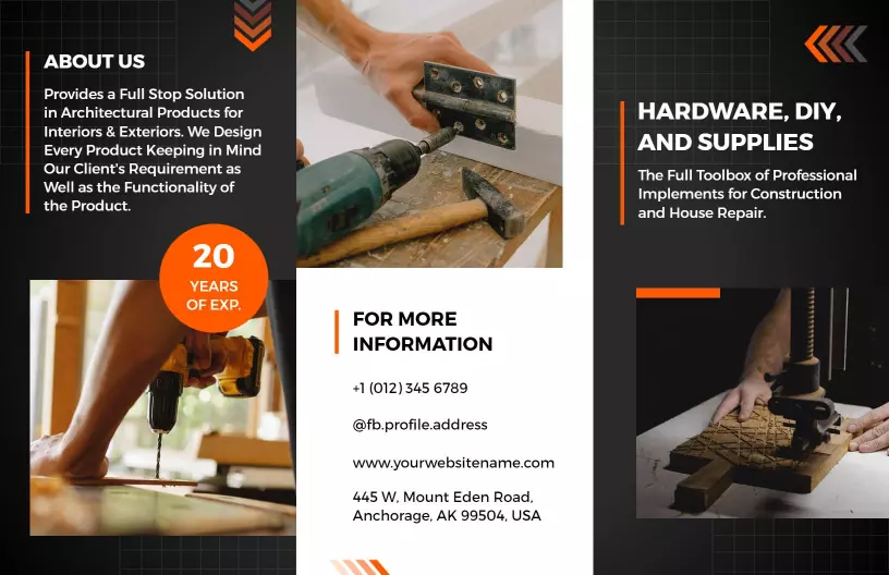 Modern Black and Orange Hardware DIY Supplies Tri Fold Brochure Template