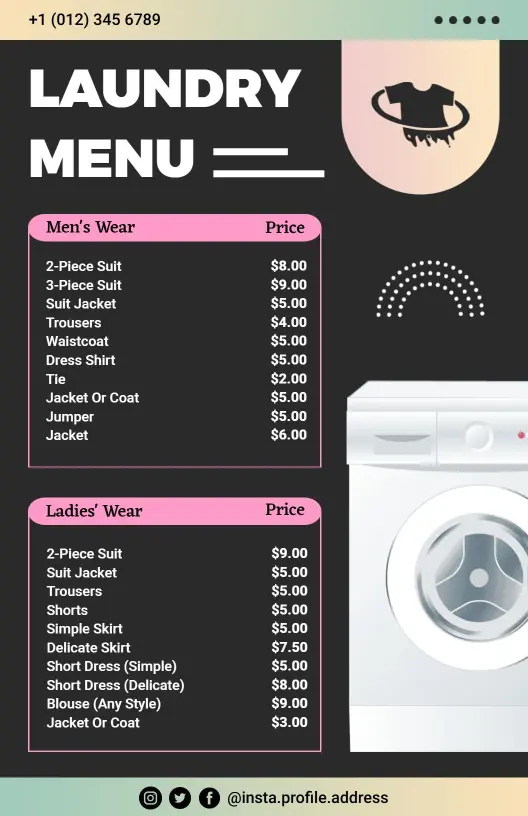 Modern Black and Pastel Gradient Laundry Service Menu Template