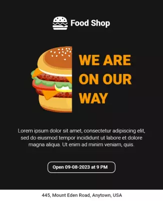 Modern Black Food Shop Opening Soon Announcement Flyer Template