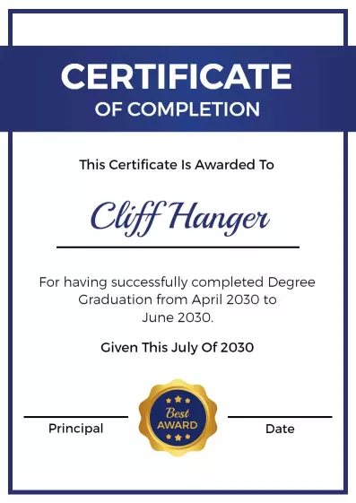 Modern Blue Academic Degree Completion Certificate Template