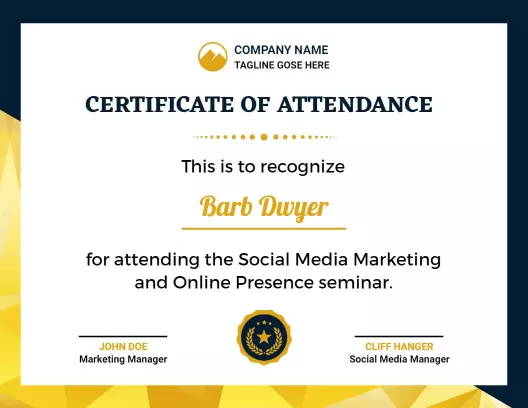 Modern Blue and Gold Social Media Seminar Attendance Certificate Template
