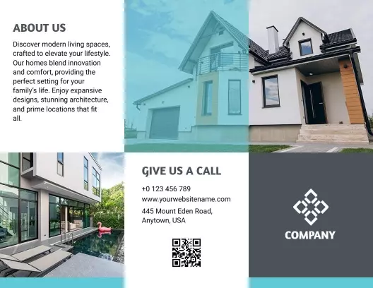 Modern Blue and Gray Real Estate Living Spaces Brochure Template