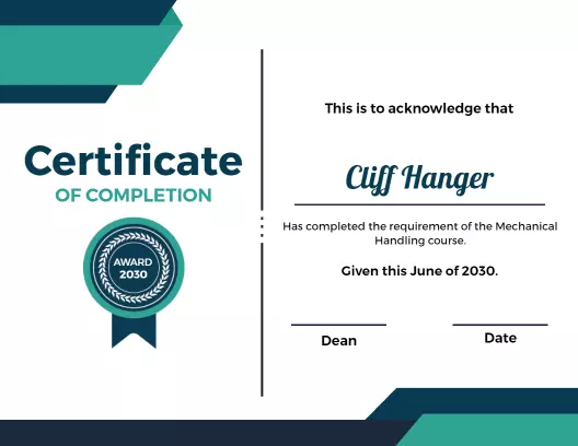 Modern Blue and Green Mechanical Handling Course Completion Certificate Template