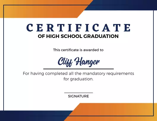 Modern Blue and Orange High School Graduation Certificate Template