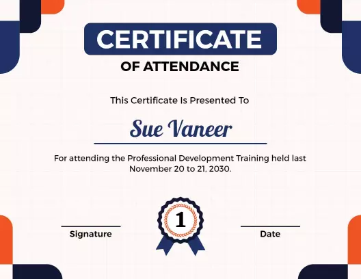 Modern Blue and Orange Professional Attendance Training Certificate Template