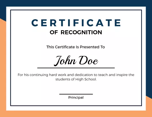 Modern Blue and Orange Recognition Achievement Certificate Template