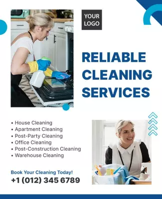 Modern Blue and White Reliable Cleaning Services Poster Template