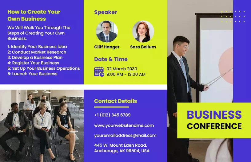Modern Blue and Yellow Business Conference Invitation Brochure Template