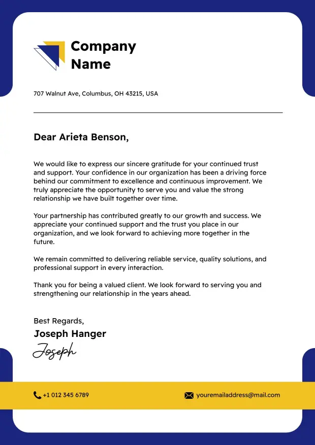 Modern Blue and Yellow Corporate Communication Letterhead Template
