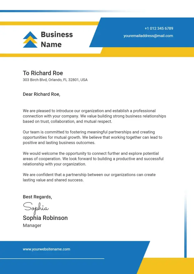 Modern Blue and Yellow Professional Business Letterhead Template