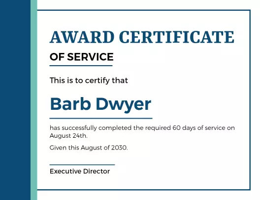 Modern Blue Award of Service Completion Certificate Template