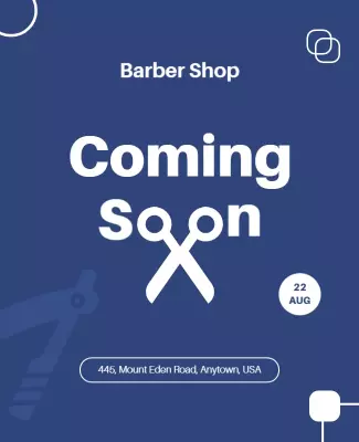 Modern Blue Barber Shop Coming Soon Announcement Poster Template