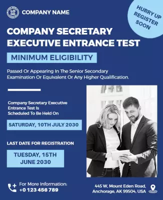 Modern Blue Company Secretary Executive Test Registration Poster Template
