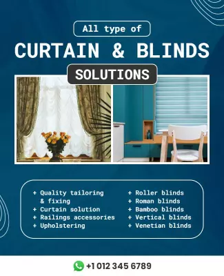 Modern Blue Curtain and Blinds Solutions Service Poster Template