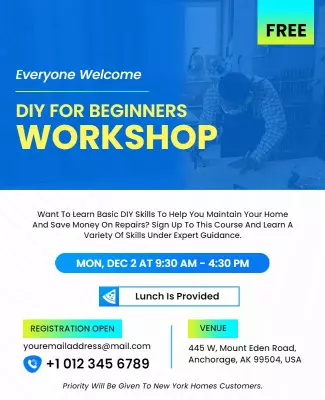 Modern Blue DIY Skills Workshop for Beginners Poster Template