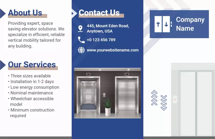 Modern Blue Elevator Solutions Features and Services Tri Fold Brochure Template