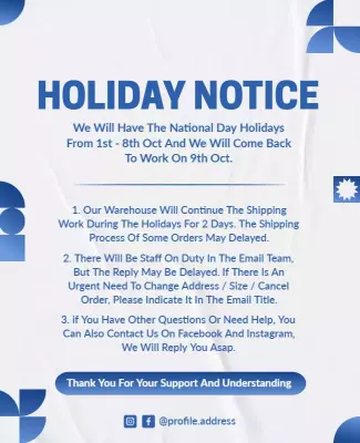 Modern Blue Geometric Holiday Notice Announcement Poster Template