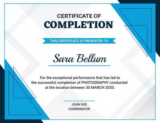 Modern Blue Geometric Photography Completion Certificate Template